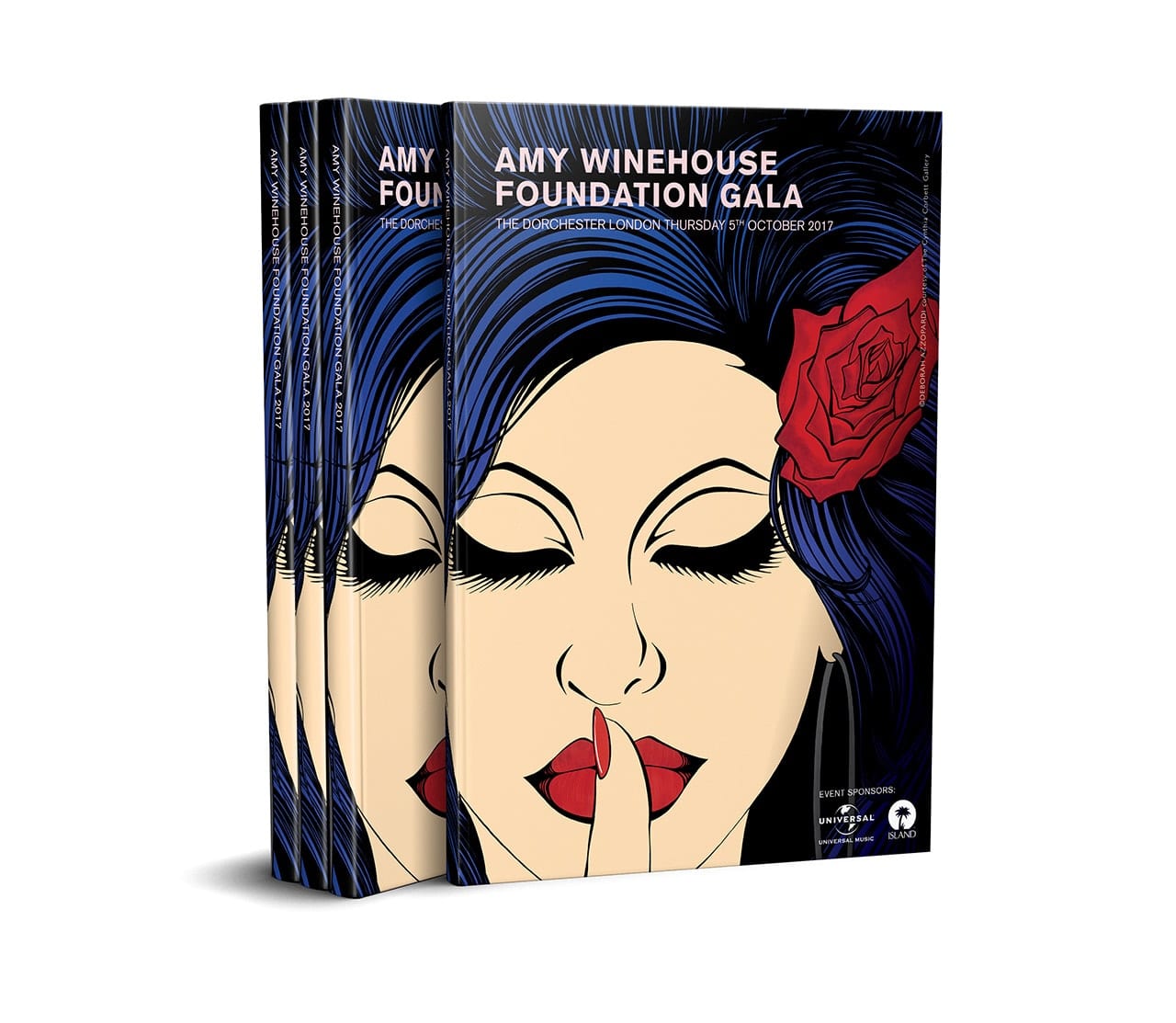 An image of four standing brochures for the Amy Winehouse Foundation Gala Event, showing the covers only