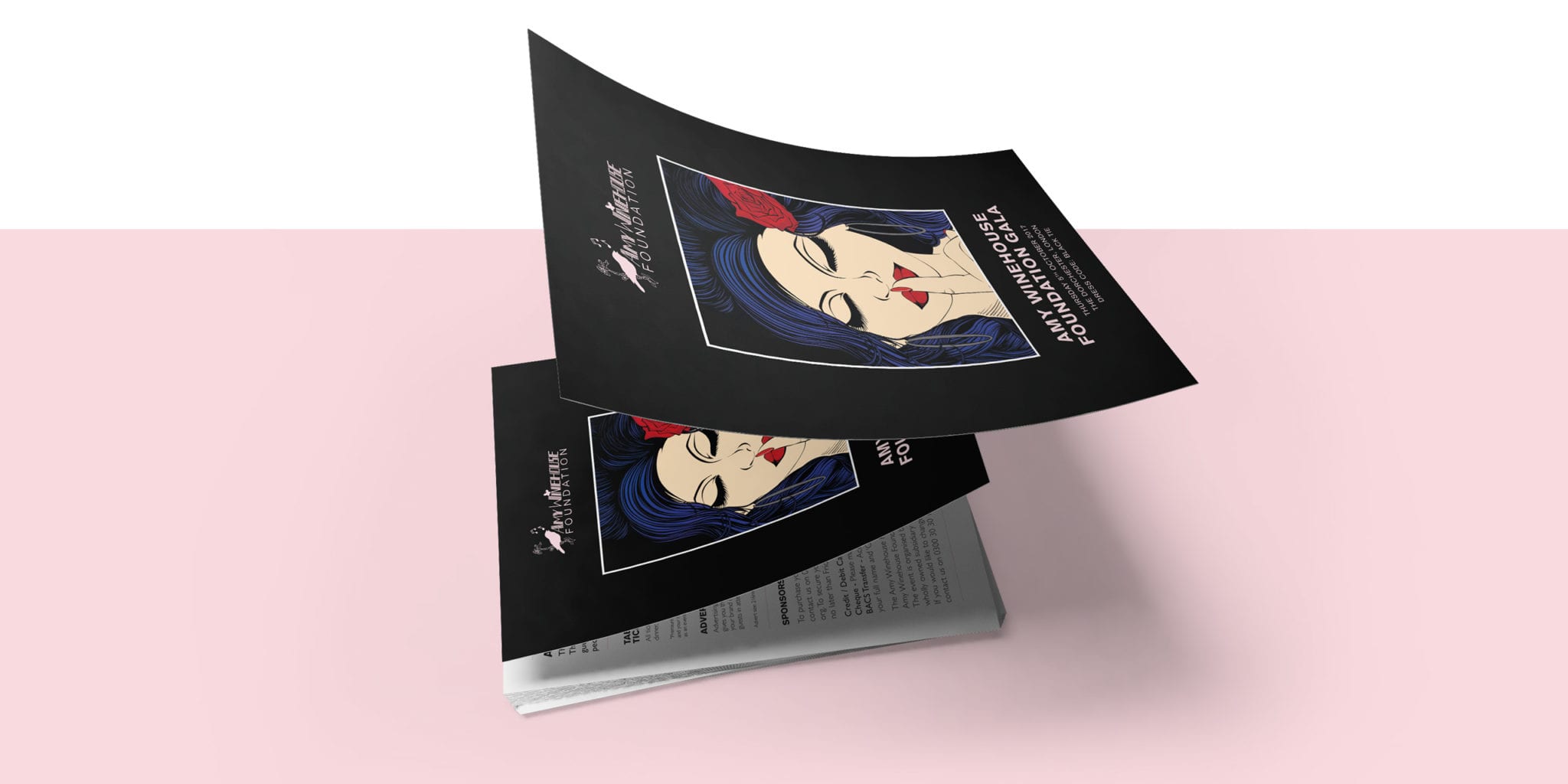 Amy Winehouse Gala flyer designs floating with brand pink background