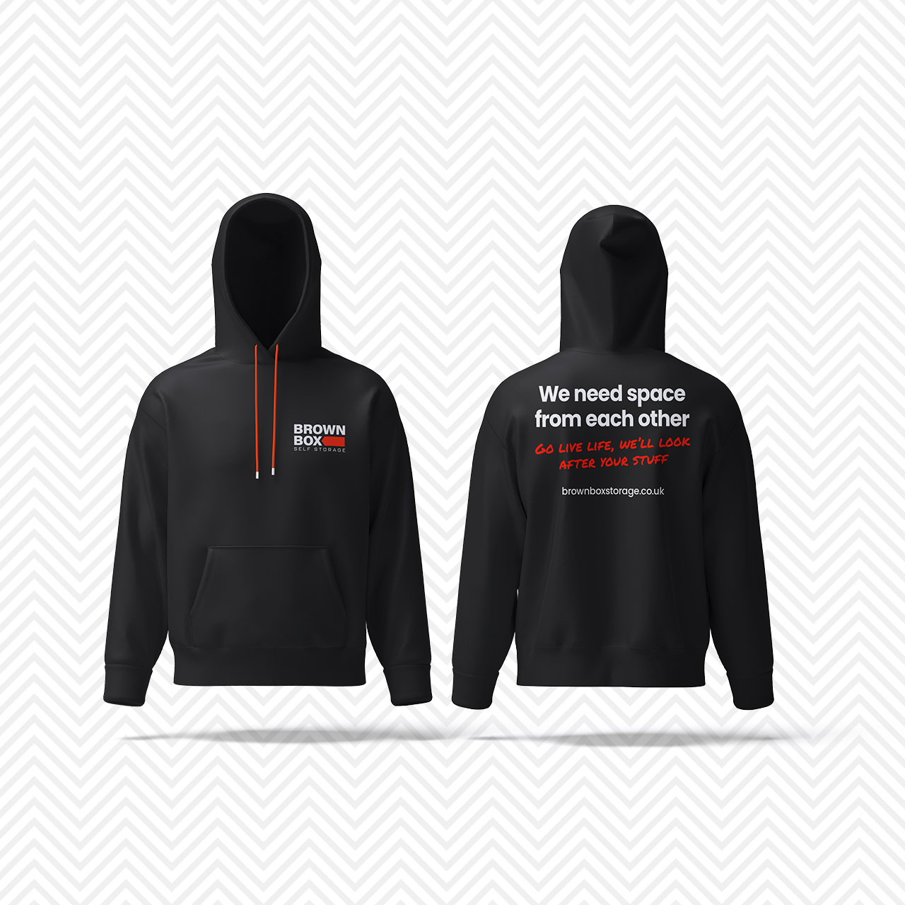 Brown box storage branded black hoodie A mock-up example of a black hoodie branded with brown box storage logo and clever copywriting.