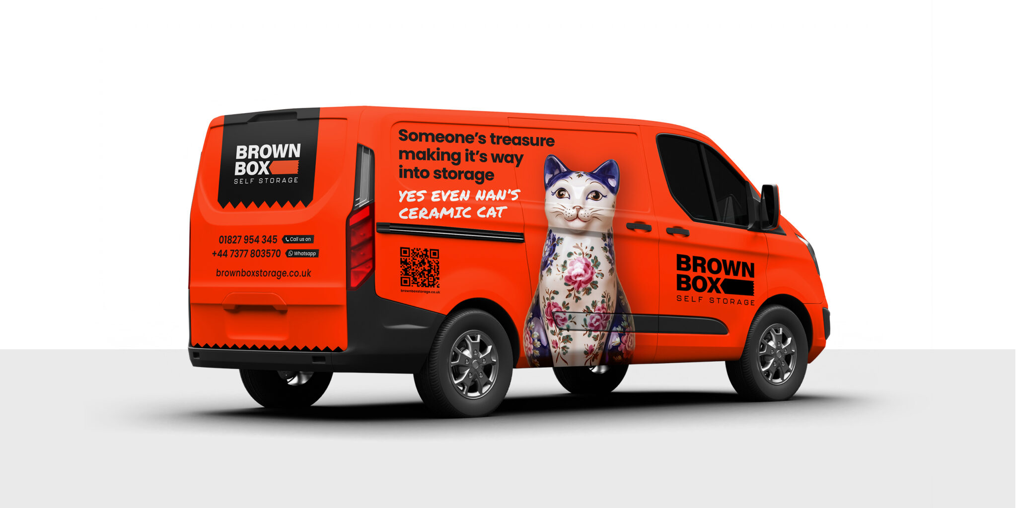 Brown box storage branded vehicle design Vehicle ford transit custom vehicle displaying brown box storage brand and graphics wrapped around it.