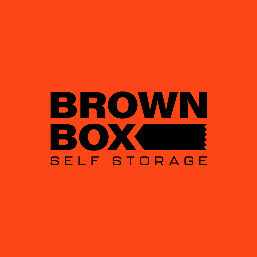 brown box self storage logo on orange